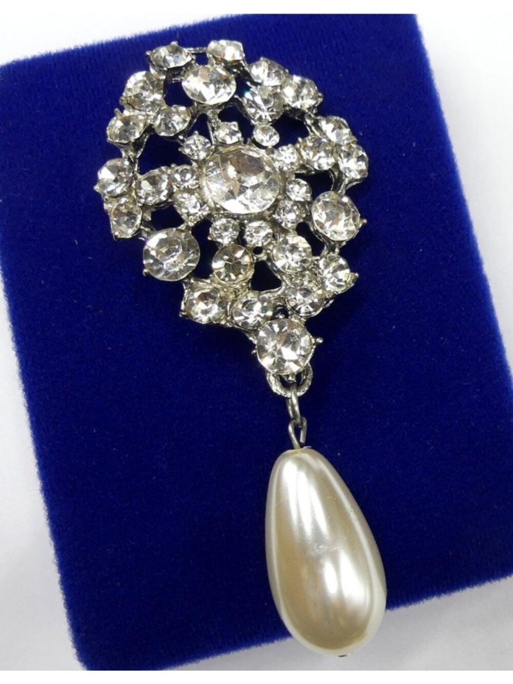 Vintage Rhinestone Brooch with Faux Pearl Teardrop Dangle Silver-Tone Cluster